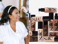 Collage featuring a snapshot of a bride getting her makeup done next to an image of Saie brand foundations. 