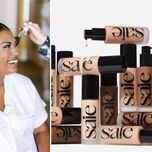 Collage featuring a snapshot of a bride getting her makeup done next to an image of Saie brand foundations. 