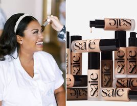 Collage featuring a snapshot of a bride getting her makeup done next to an image of Saie brand foundations. 