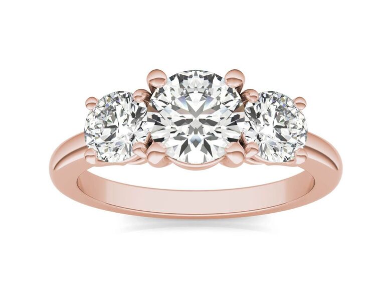 charles & colvard round cut engagement ring with three round diamond center stones rose gold claw prongs and plain rose gold band