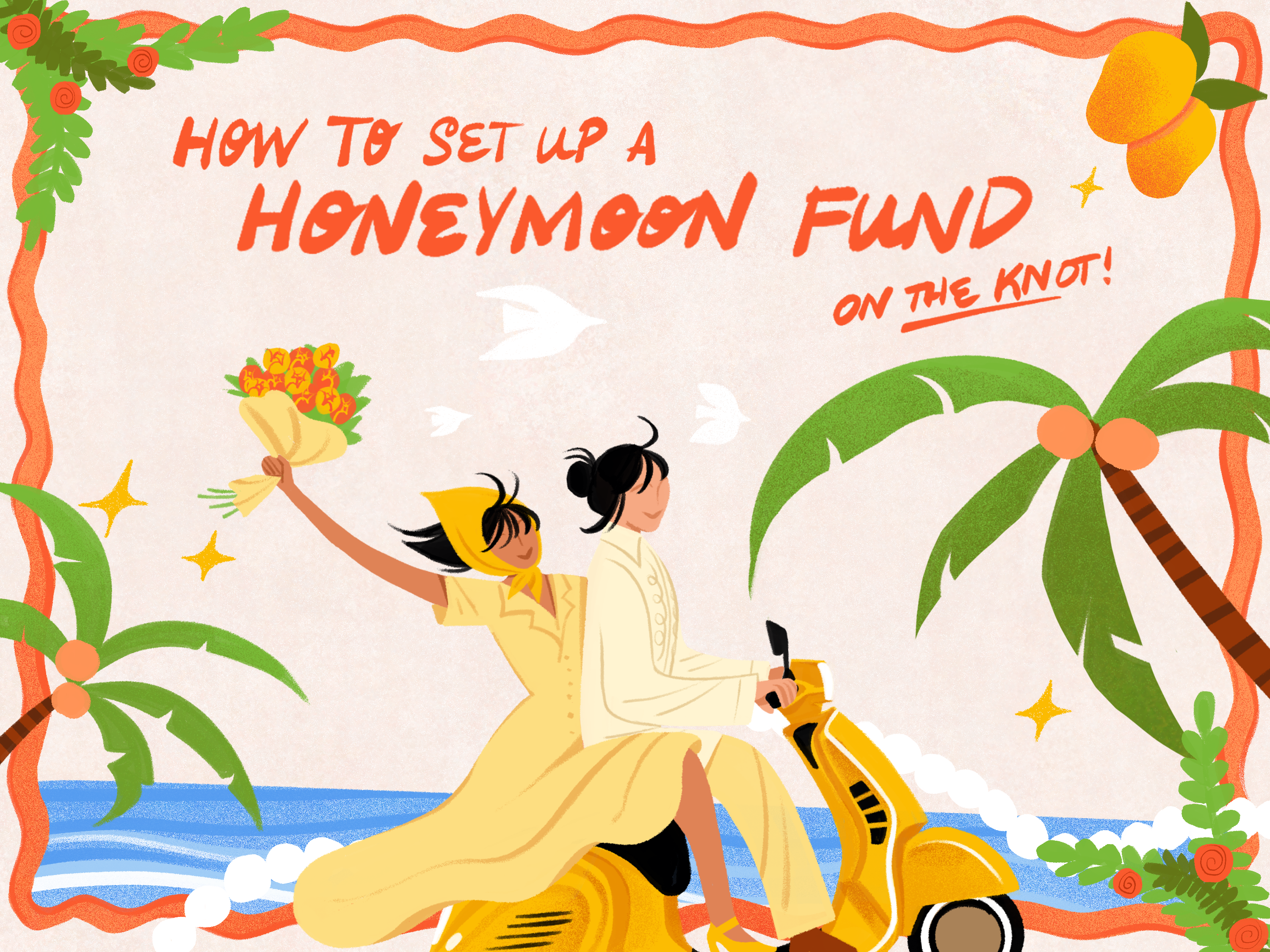 Illustration of couple on moped with text "How to set up a honeymoon fund on The Knot"