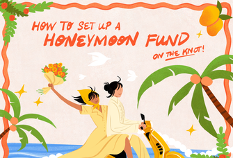 Illustration of couple on moped with text "How to set up a honeymoon fund on The Knot"