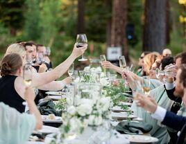 guests toasting with wine and champagne glasses at long table