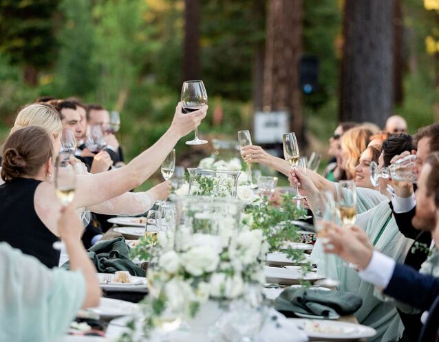 guests toasting with wine and champagne glasses at long table