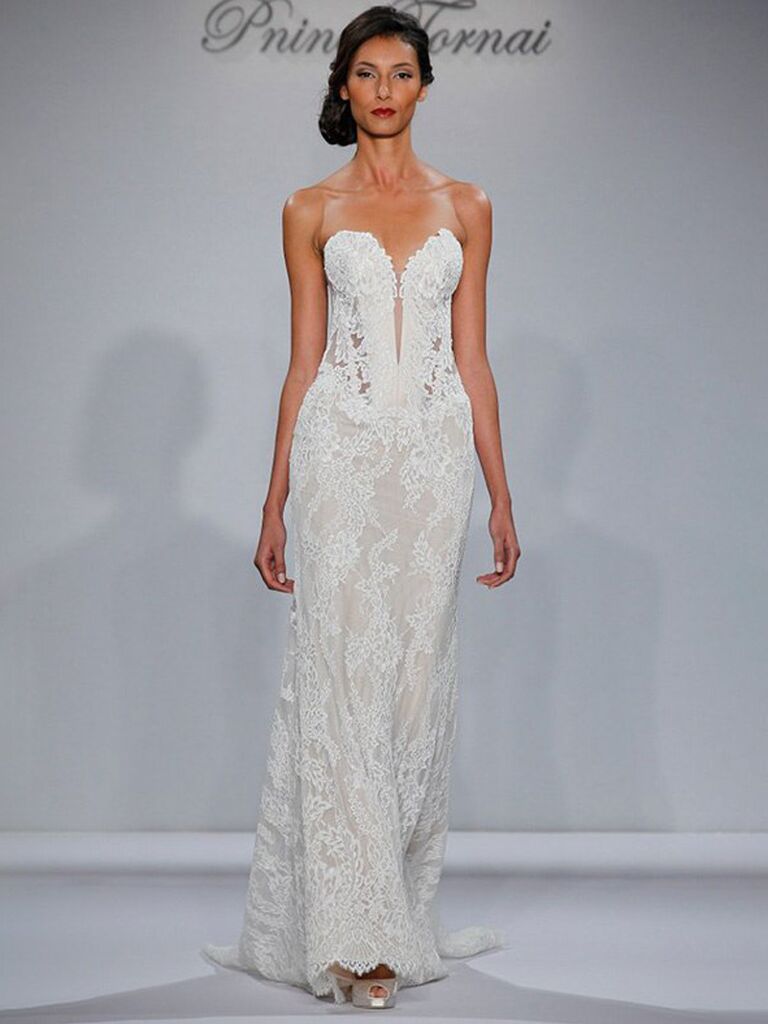 kleinfeld bridal white strapless sheath wedding dress with sweetheart neckline lace chest and flowy lace skirt