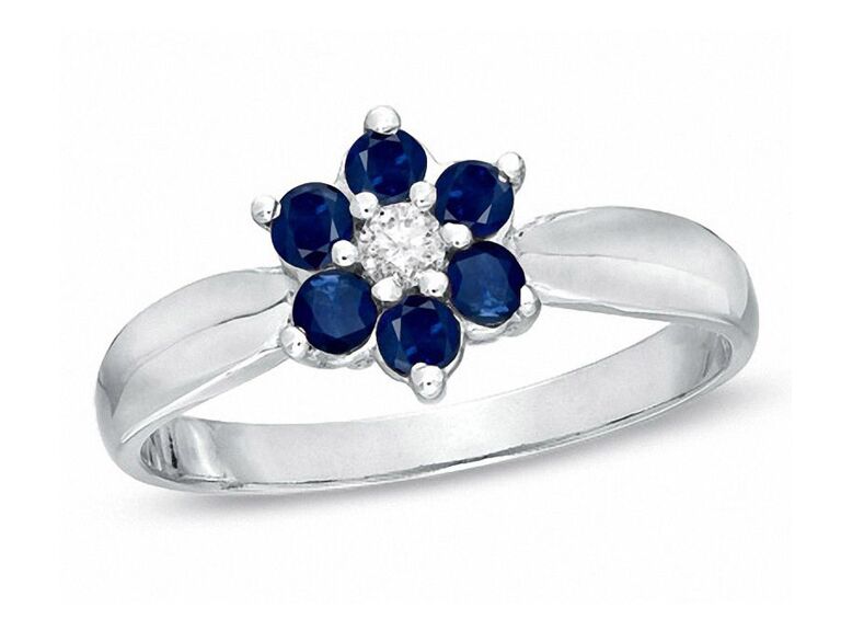 zales flower engagement ring with round diamond center stone sapphire petals and plain white gold band