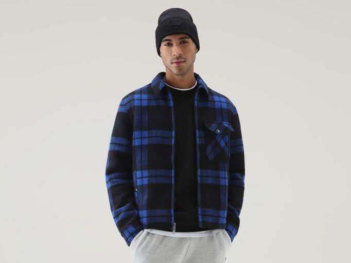 Blue plaid flannel overshirt with a zip front for men from Woolrich
