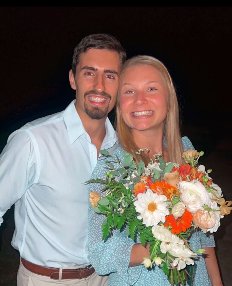 Morgan caught the bouquet at their friends' wedding. 