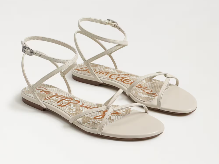 Strappy white sandals for beach wedding from Sam Edelman