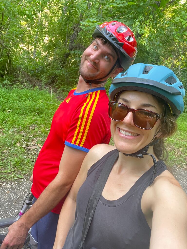 On return from Cape Charles, we decided to do a fun ride in Cockeysville after Stephen procured a bike for Basia (very inexpensive repairs). Only this quick trip soon turned prolonged when Basia's bike had slow gears and was extremely heavy. Stephen thought Basia was just unfit, until they changed bikes... Victory photo. 