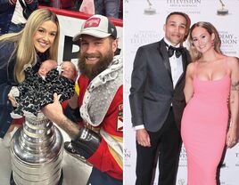 Colage of two NHL couples, Jonah Gadjovich and Allison Gadjovich and JT Brown and Lexi LaFleur