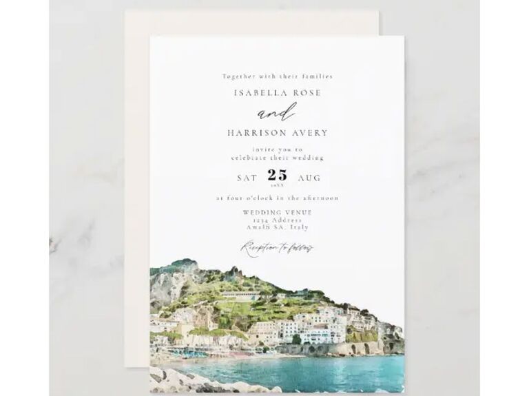 Destination wedding invitation with watercolor illustration of Amalfi Coast