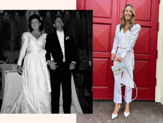 Bride wearing pantsuit made from her mother's repurposed wedding dress