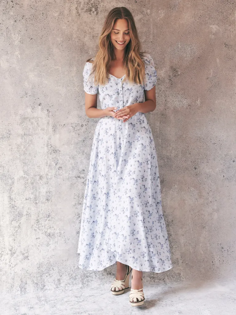 Blue floral button down cottagecore maxi dress for wedding guests and bridesmaids