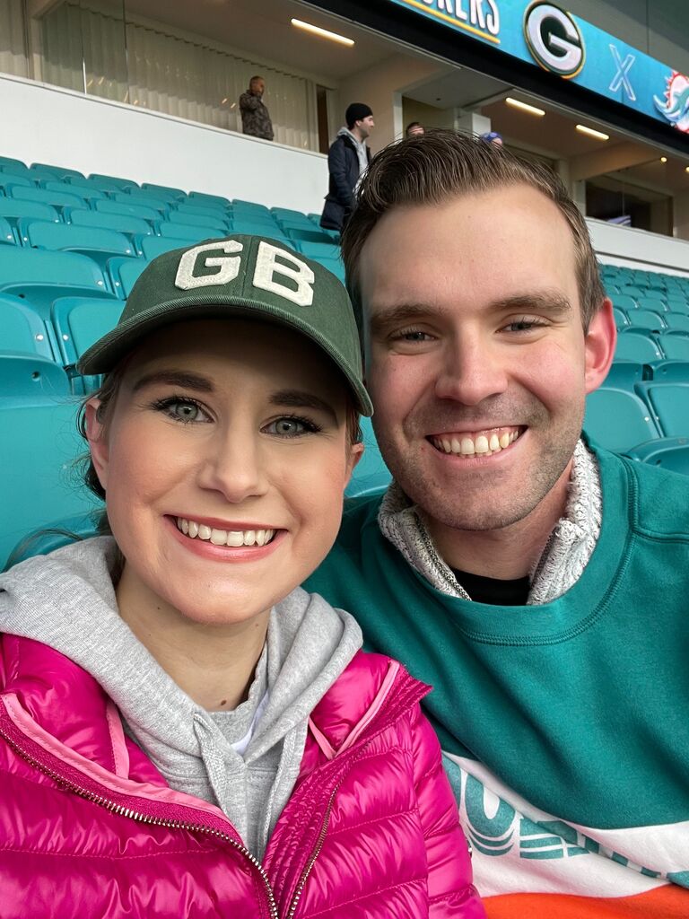 Christmas Day after our engagement. Aydan surprised me with tickets to the Miami vs. Green Bay game. Green Bay won!