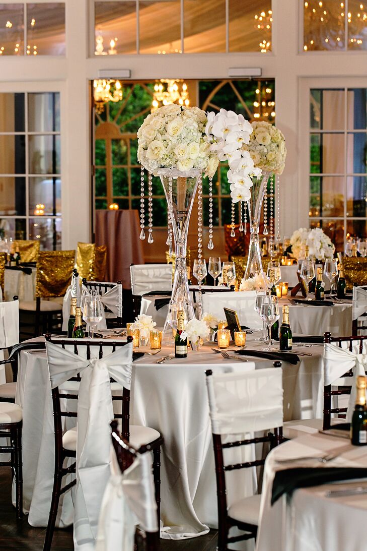 Tall Hourglass White Flower And Crystal Centerpieces