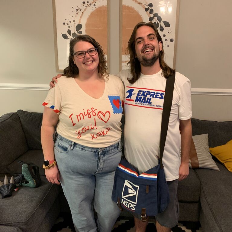 Couple's costume for Tacoween. Austin told Jen about a running joke about him being the mail carrier for his office, so Jen came up with the idea to go as a "mailman & love letter" to a friend's party.