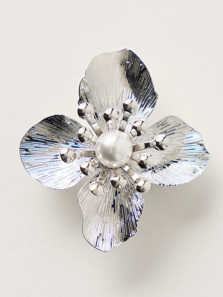 metallic floral hair clip with pearl