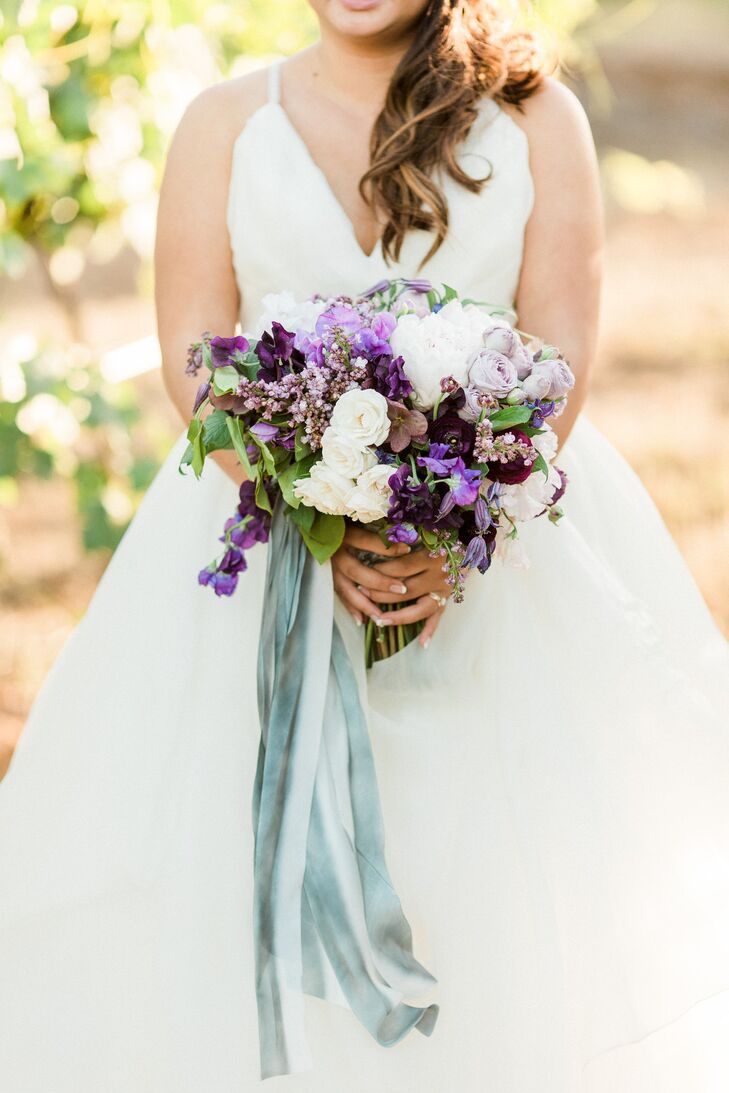 Purple Rose And Sweet Pea Bouquet With Watercolor Ribbon