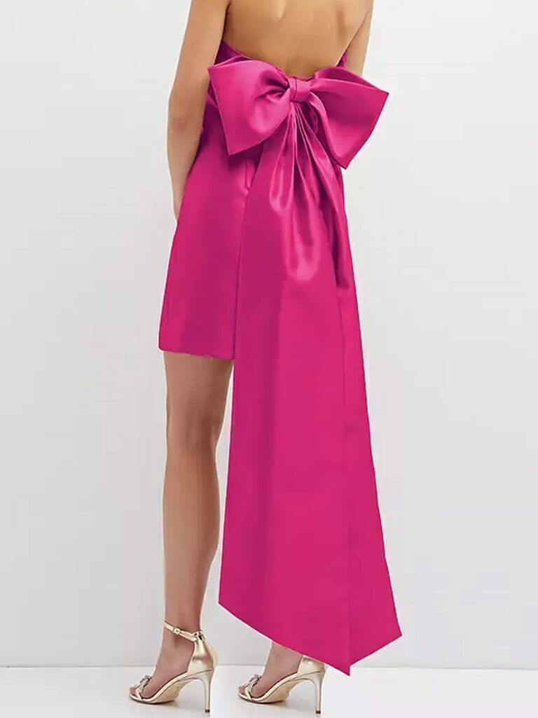 Dessy Group pink strapless bridesmaid dress with oversized bow