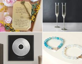 Collage of four 25 year wedding anniversary gifts: custom heirloom, champagne flutes, sand bracelets, custom engraved record