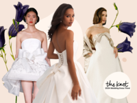 Collage of wedding dresses with bows 2023-2024. 