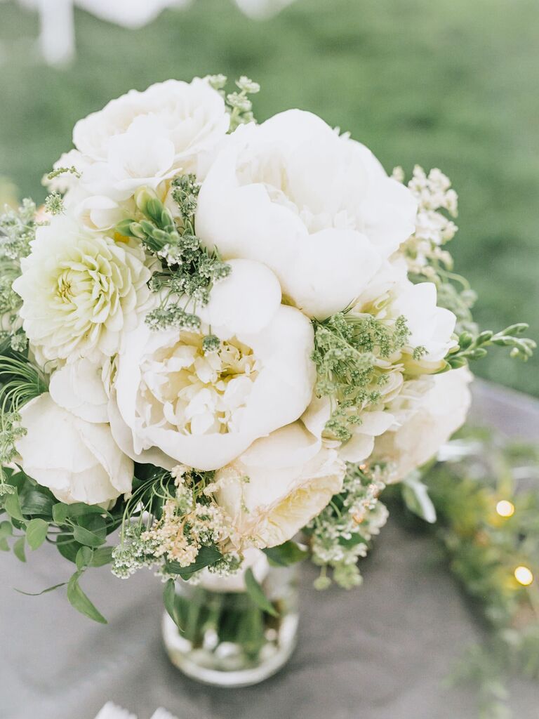 wedding bouquet with white peonies, queen anne's lace and greenery