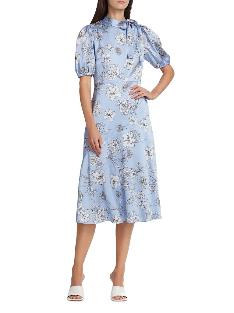 floral midi dress with puff sleeves and bow on collar