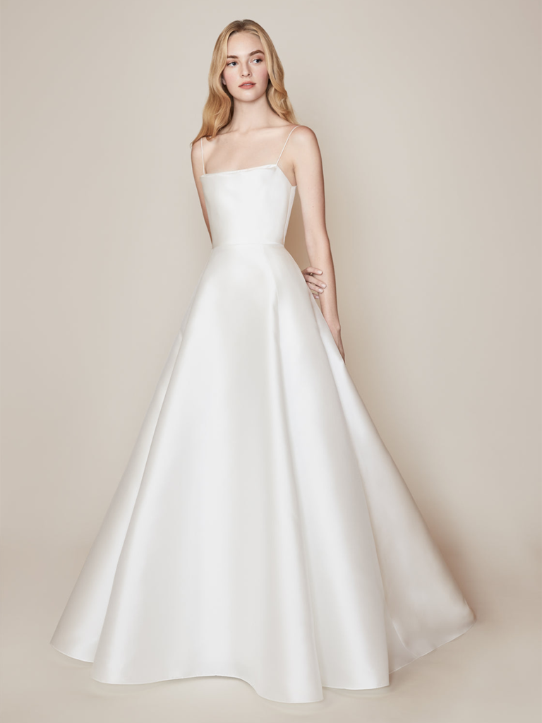 A-line gown with draped neckline and spaghetti straps