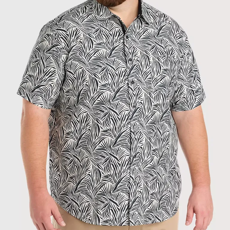 Abstract leaf print button down shirt outfits for rehearsal dinner from DXL