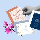 Collage of wedding and bridal shower invitations with hand holding one