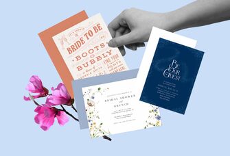 Collage of wedding and bridal shower invitations with hand holding one