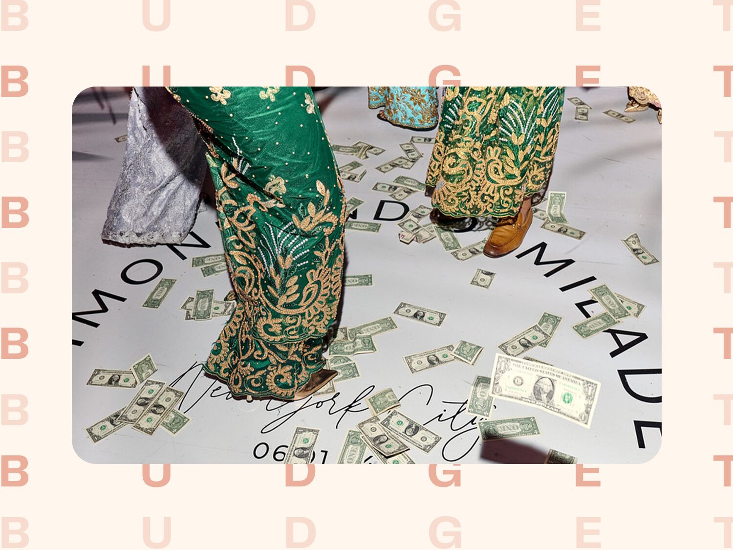 Couple surrounded by dollar bills