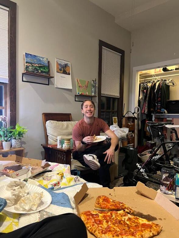 A pretty common date night for us consists of hours on the bike trainer followed by our usual Toppers order: one large pizza, one large order of boneless wings, one large order of cheese sticks.
