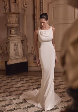 Crepe Fit and Flare Gown with Cowl Neckline and Illusion Back