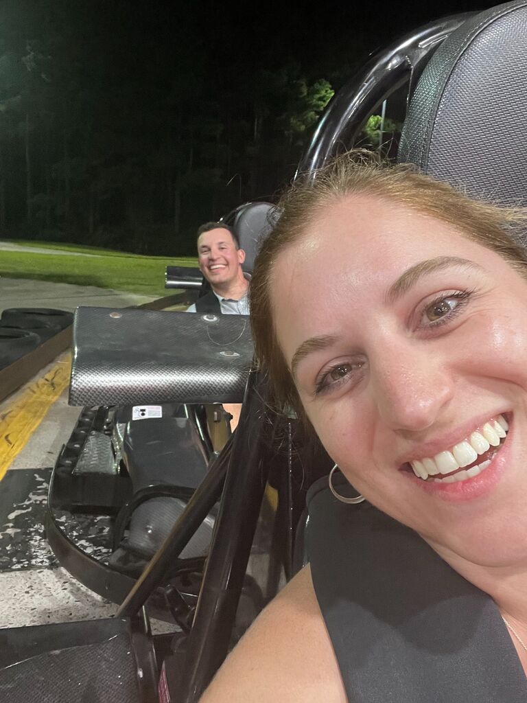Go karting a year out from our wedding!