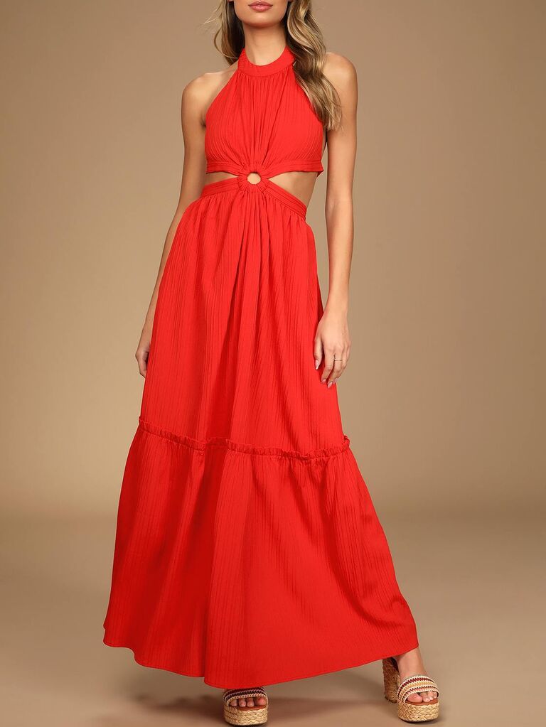 Lulus orange tie-back maxi wedding guest dress