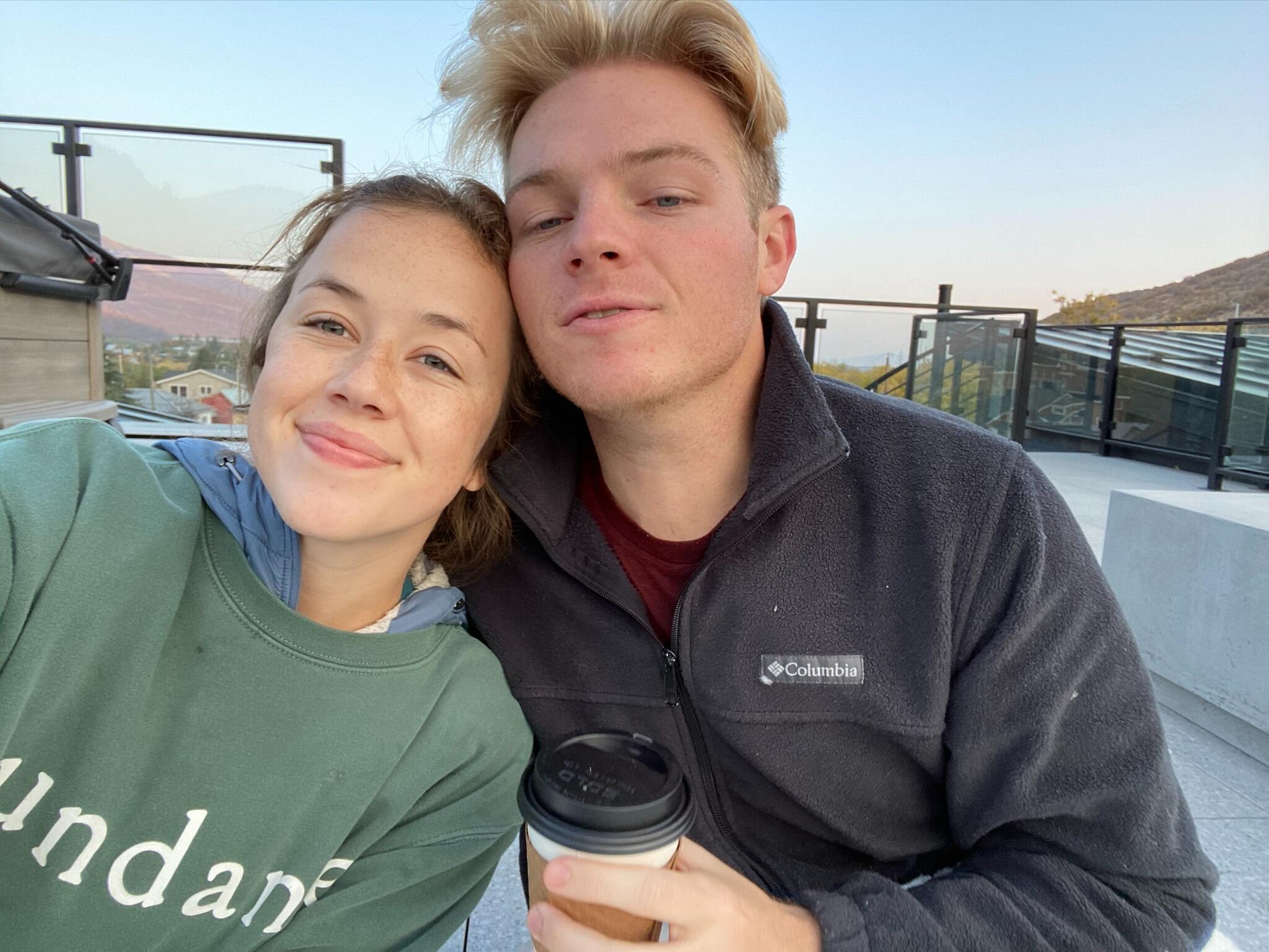 Garrett flies to visit Alex in Park City. (Alex is wearing a sweatshirt from the wedding venue!)