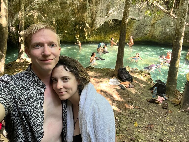 The day Nick proposed. After our sweaty Temezcal, we jumped straight into a refreshing Cenote!