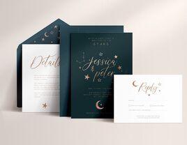 Gold calligraphy on navy background with moon and star details