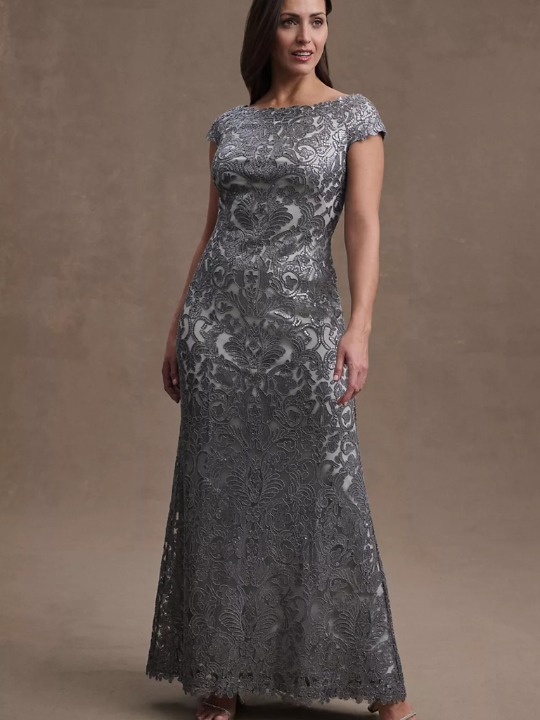 Lace gray mother-of-the-groom dress from Tadashi Shoji