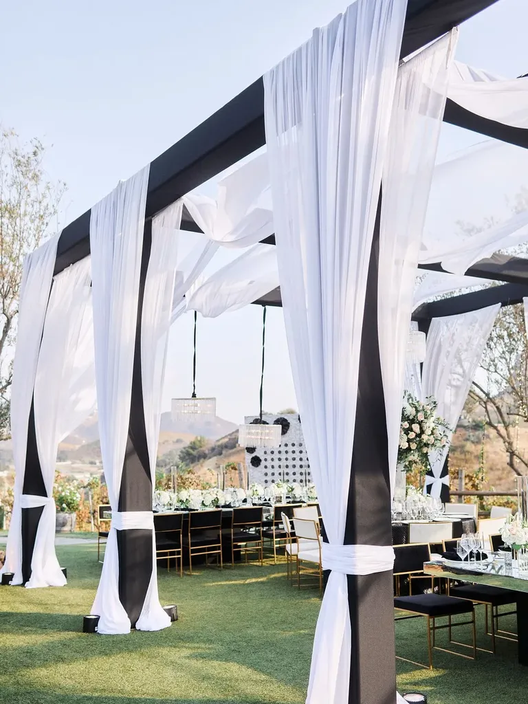 Black reception structure with white draping, taylor swift themed wedding