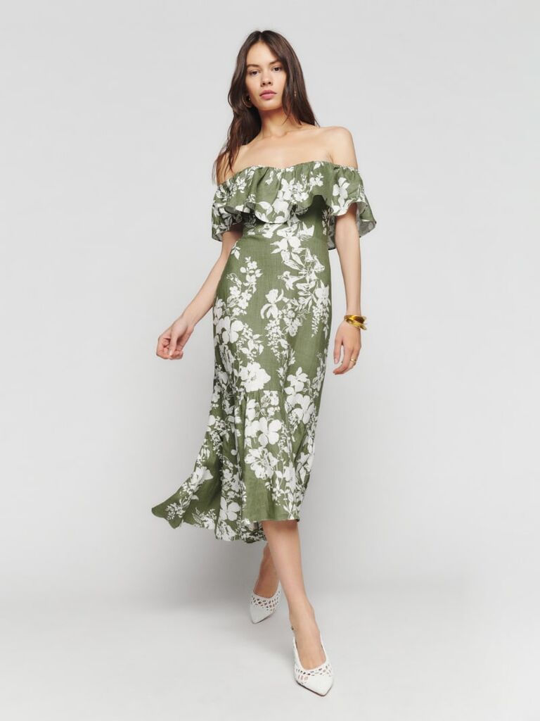 Green and white off-the-shoulder dress by Reformation. 