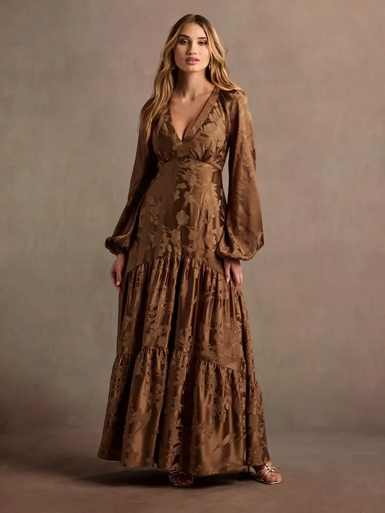 Brown jacquard maxi wedding guest dress winter from Azazie