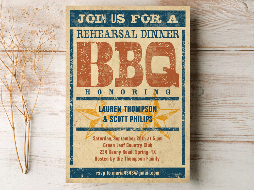 Rustic BBQ rehearsal dinner invitation poster.