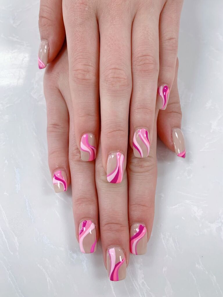 retro seventies pink swirl wedding nails inspo