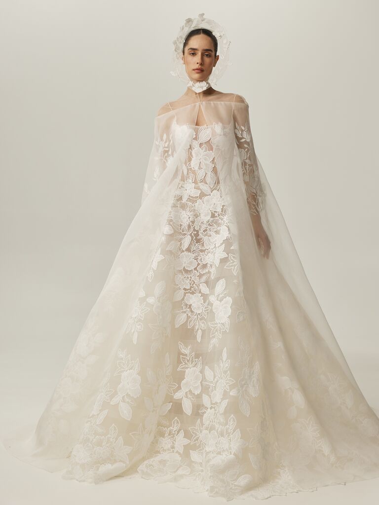 Mira Zwillinger new wedding dress big lace with sleeves and sheer cape