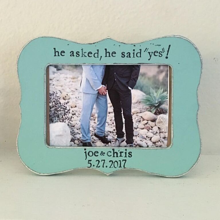 'He asked, he said yes!' rustic teal engagement photo frame