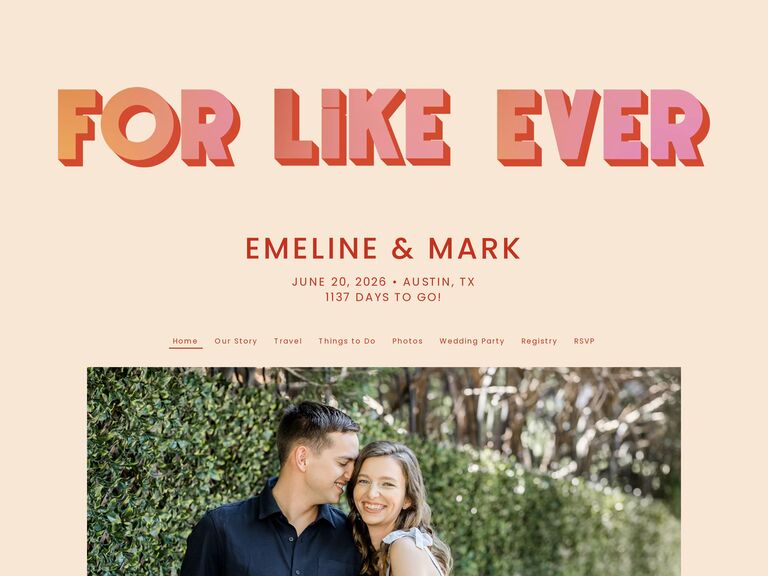 the knot free wedding website example with colorful pink and orange block text that says for like ever