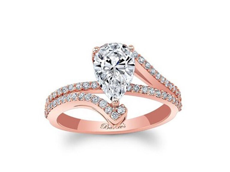 barkev's split shank engagement ring with pear shaped diamond center stone and diamond encrusted split shank rose gold band